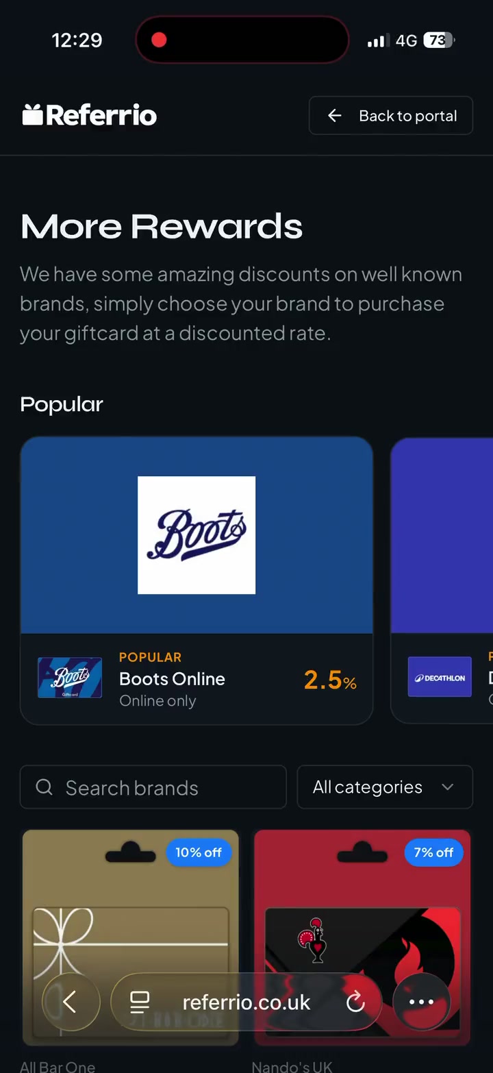Recording of the Referrio reward storefront scrolling through gift card brands on an iPhone